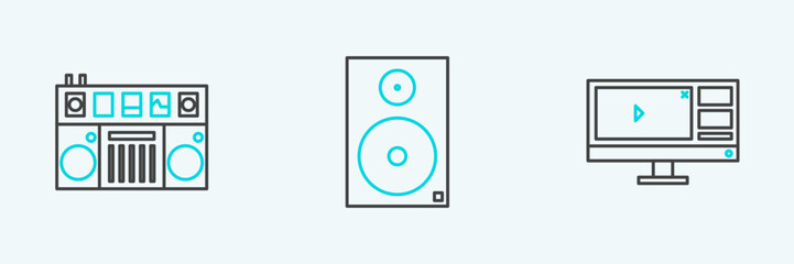 Poster - set line video recorder or editor software on monitor, dj remote for playing and mixing music and st