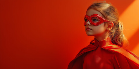 Heroic child in red costume studio setting portrait photography vibrant orange background close-up view imagination and playfulness