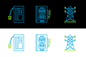 Poster - Set line High voltage power pole line, Battery and Electrical panel icon. Vector