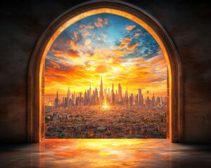 Poster - Beautiful Sunset Over City Skyline Through Arched Window Frame