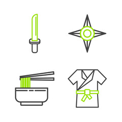 Poster - set line japanese costume kimono, asian noodles in bowl and chopsticks, ninja shuriken and katana ic