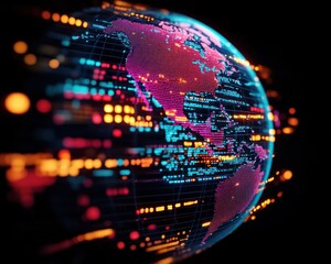 Fototapete - Digital Abstract Globe with Bright Data Points and Global Connectivity