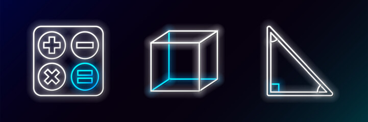 Poster - set line triangle math, calculator and geometric figure cube icon. glowing neon. vector