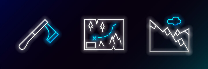 Poster - set line mountains, wooden axe and folded map with location icon. glowing neon. vector