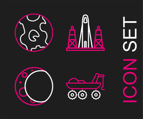 Poster - Set line Mars rover, Moon, Rocket launch from the spaceport and Earth globe icon. Vector