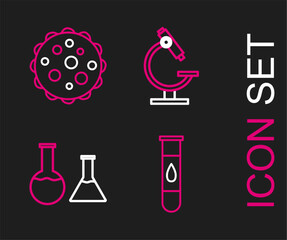 Poster - Set line Blood test and virus, Test tube flask, Microscope and Virus icon. Vector