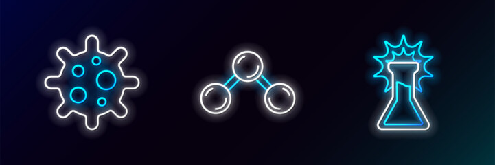 Poster - Set line Test tube and flask, Virus and Molecule icon. Glowing neon. Vector