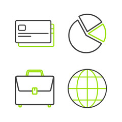 Poster - set line earth globe, briefcase, pie chart infographic and credit card icon. vector