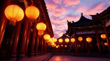 Poster - Vibrant Lanterns Hanging in Traditional Asian Architecture at Sunset
