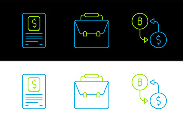 Poster - set line cryptocurrency exchange, business finance report and briefcase icon. vector