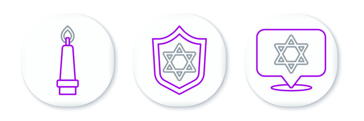 Poster - set line star of david, burning candle and shield with icon. vector