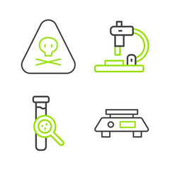 Poster - Set line Electronic scales, Test tube and flask, Microscope and Triangle warning toxic icon. Vector