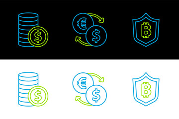 Poster - Set line Shield with bitcoin, Coin money dollar and Money exchange icon. Vector
