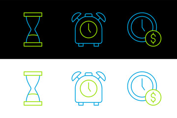 Set line Time is money, Old hourglass with sand and Alarm clock icon. Vector