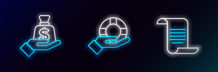 Poster - set line document with shield, money in hand and lifebuoy icon. glowing neon. vector