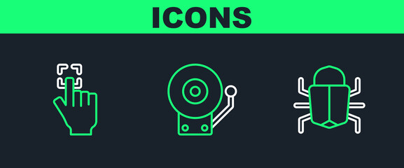 Poster - set line system bug, fingerprint and ringing alarm bell icon. vector