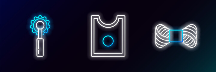 Poster - set line sewing thread on spool, cutter tool and pattern icon. glowing neon. vector