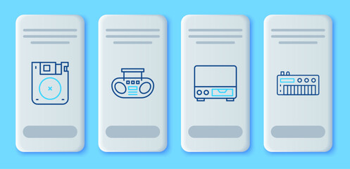 Poster - Set line Home stereo with two speakers, Old video cassette player, Floppy disk and Music synthesizer icon. Vector
