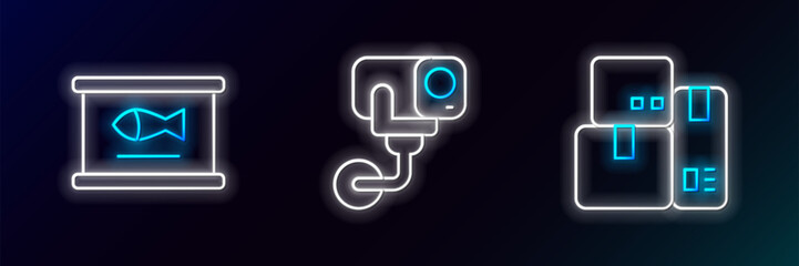 Poster - set line cash register machine, canned fish and security camera icon. glowing neon. vector