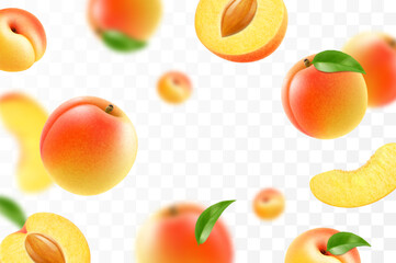 Wall Mural - flying ripe apricot. bright advertising background falling juicy sweet peach, realistic illustration