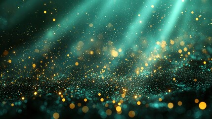 Wall Mural - magical glowing particles and golden glitter on a dark teal background generative ai