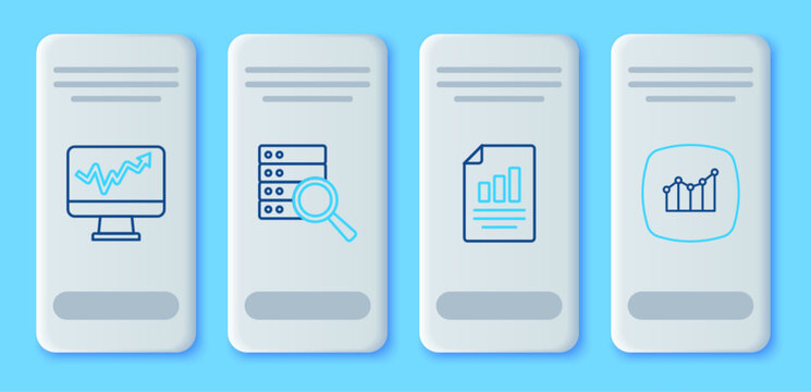 Set line Server, Document with graph chart, Monitor and Financial growth icon. Vector