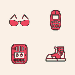Poster - Set Sport sneakers, Glasses, Old mobile phone and Cassette tape player icon. Vector