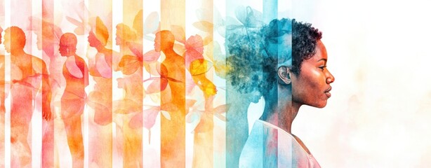 Poster - woman in profile with colorful silhouettes and leaves background design
