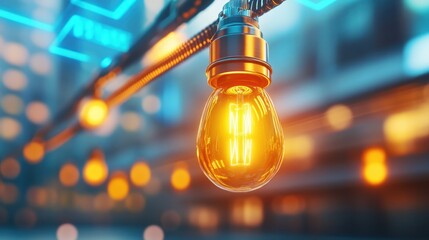 Poster - Warm Vintage Light Bulb Illuminates Urban Environment at Dusk