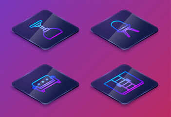 Poster - Set Isometric line Lamp hanging, Sofa, Chair and Wardrobe. Blue square button. Vector