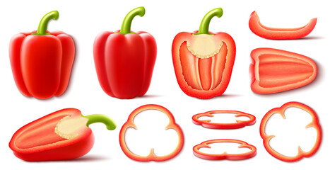 Wall Mural - webset of fresh ripe bell peppers isolated on white background. whole, halved and cut veg pieces, ci