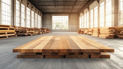 Poster - Wooden Planks Stacked Neatly in Spacious Industrial Warehouse Interior