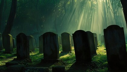 Wall Mural - Sunbeams Illuminate A Forest Cemetery