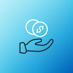 Poster - Line Donation hand with money icon isolated on blue background. Hand give money as donation symbol. Donate money and charity concept. Colorful outline concept. Vector