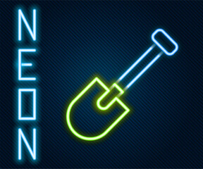 Poster - Glowing neon line Shovel icon isolated on black background. Gardening tool. Tool for horticulture, agriculture, farming. Colorful outline concept. Vector