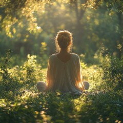 Wall Mural - Woman meditates, sunlit forest, peaceful scene.