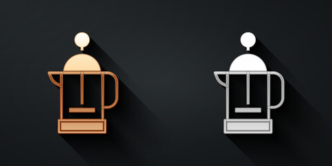 Poster - gold and silver french press icon isolated on black background. long shadow style. vector