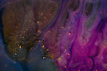 Wall Mural - A macro photography image showcasing a vibrant purple and gold painting with intricate patterns and circles on a black background