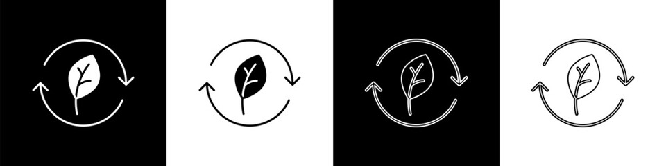 Poster - Set Recycle symbol with leaf icon isolated on black and white background. Circular arrow icon. Environment recyclable go green. Vector