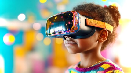 Poster - Latino preteen exploring virtual reality in a colorful environment with VR glasses