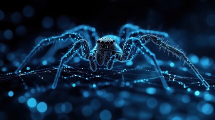 Cyberpunk Spider: A close-up shot of a spider, rendered in vibrant, electric blue,  against a dark background with bokeh lights.  The image evokes a futuristic, cyberpunk aesthetic.