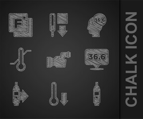 Poster - Set Checking body temperature, Meteorology thermometer, Digital, Medical, and Fahrenheit icon. Vector