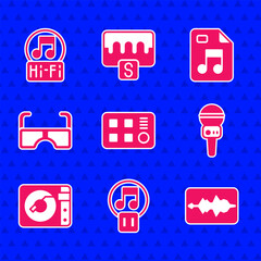 Poster - Set Drum machine, Pause button, Music wave equalizer, Microphone, Vinyl player with vinyl disk, Glasses, MP3 file document and note, tone icon. Vector