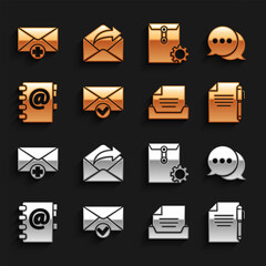 Poster - Set Envelope and check mark, Speech bubble chat, Document pen, Drawer with document, Address book, setting, Received message concept and Outgoing mail icon. Vector