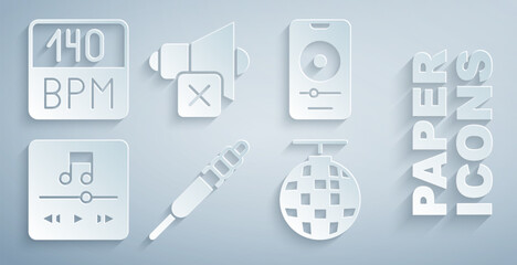 Poster - Set Audio jack, Music player, Disco ball, Speaker mute and Bitrate icon. Vector