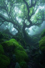 Wall Mural - Ancient Moss Covered Tree In Misty Forest