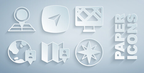 Poster - set folded map with location marker, monitor, location the globe, wind rose, city navigation and ico
