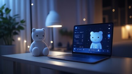 Poster - AI avatar on a laptop offering live feedback in a cozy evening setting