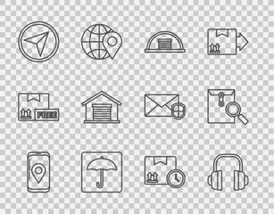 Poster - Set line Mobile with app delivery tracking, Headphones, Hangar, Umbrella, Infographic of city map navigation, Warehouse, Cardboard box and fast time and Envelope magnifying glass icon. Vector