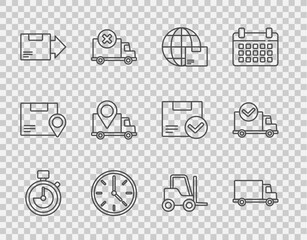 Wall Mural - Set line Stopwatch, Delivery cargo truck vehicle, Worldwide shipping and box, Clock, Carton cardboard, tracking, Forklift and with check mark icon. Vector